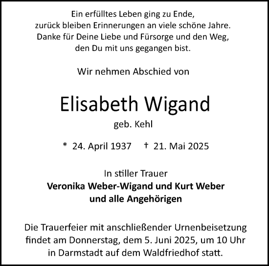 Traueranzeige von Elisabeth Wigand von Darmstädter Echo