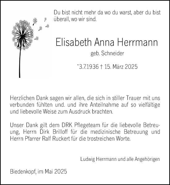Traueranzeige von Elisabeth Anna Herrmann von Hinterländer Anzeiger