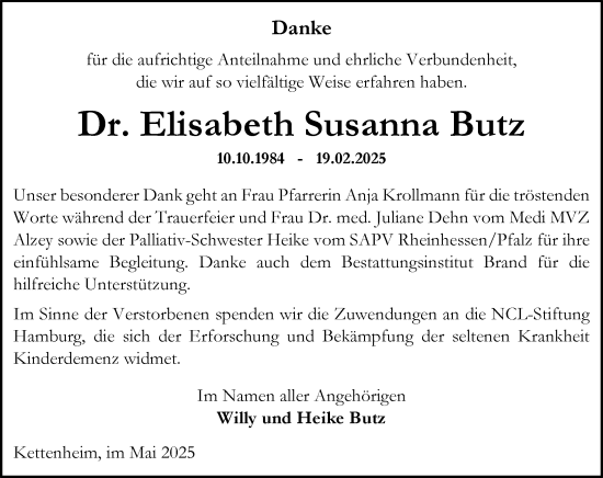 Traueranzeige von Elisabeth Susanna Butz von Allgemeine Zeitung Alzey