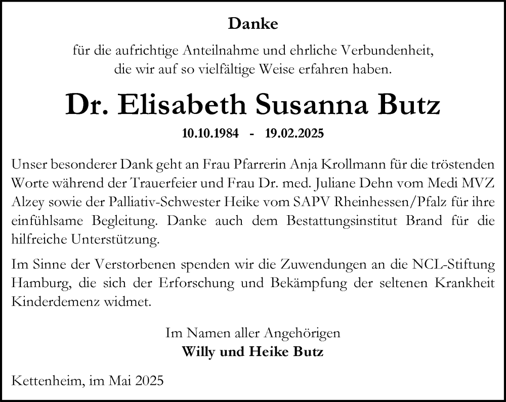  Traueranzeige für Elisabeth Susanna Butz vom 03.05.2025 aus Allgemeine Zeitung Alzey