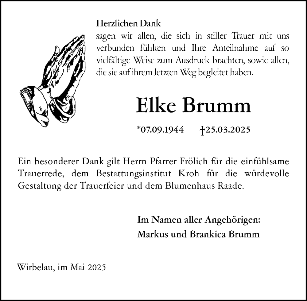  Traueranzeige für Elke Brumm vom 03.05.2025 aus Weilburger Tageblatt