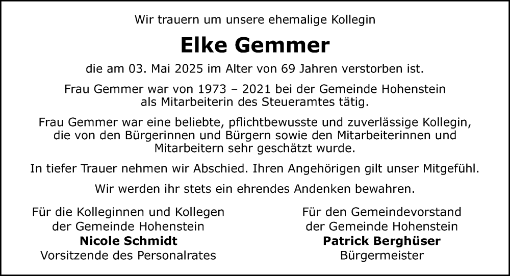  Traueranzeige für Elke Gemmer vom 21.05.2025 aus Idsteiner Land/Untertaunus