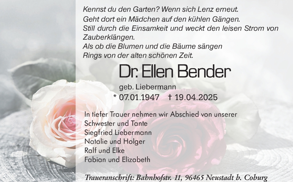  Traueranzeige für Ellen Bender vom 03.05.2025 aus Wormser Zeitung