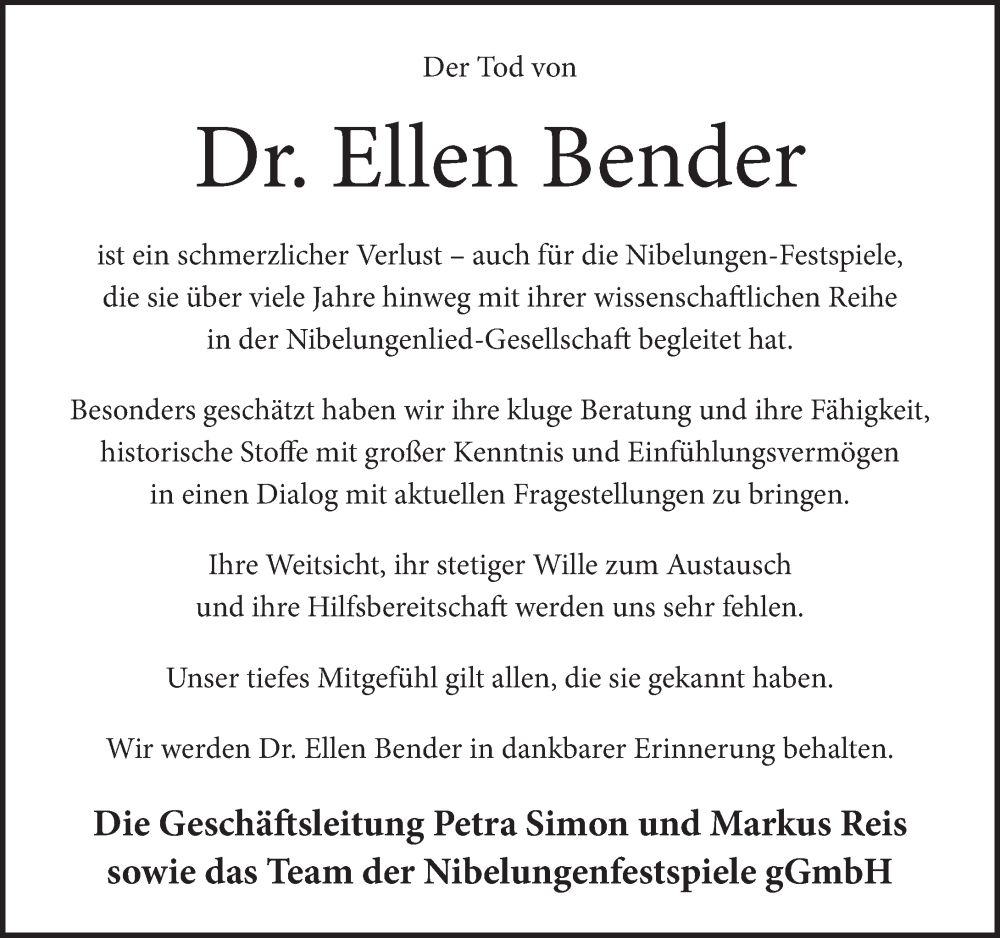  Traueranzeige für Ellen Bender vom 03.05.2025 aus Wormser Zeitung