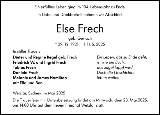 Traueranzeige von Else Frech von Wetzlarer Neue Zeitung