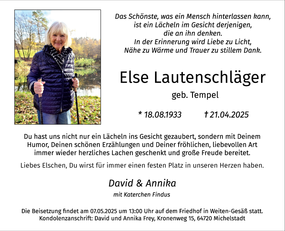  Traueranzeige für Else Lautenschläger vom 03.05.2025 aus Odenwälder Echo