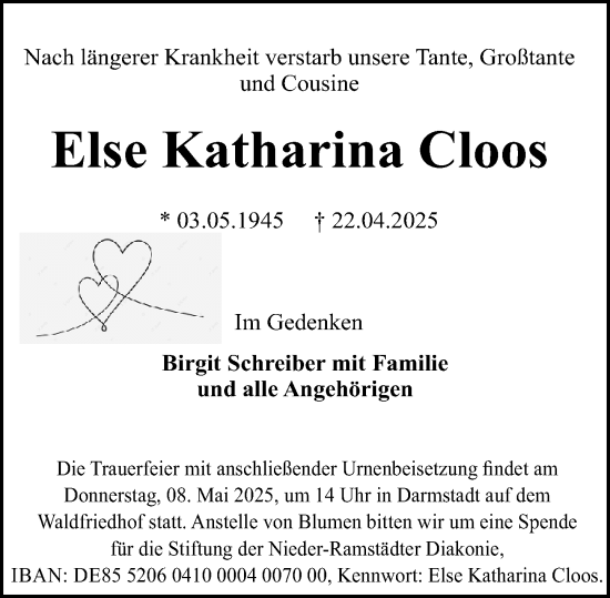 Traueranzeige von Else Katharina Cloos von Darmstädter Echo