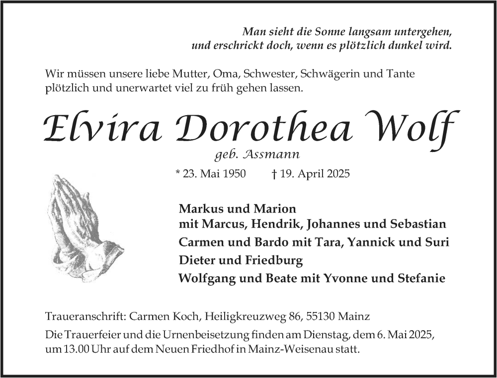  Traueranzeige für Elvira Dorothea Wolf vom 03.05.2025 aus Allgemeine Zeitung Mainz