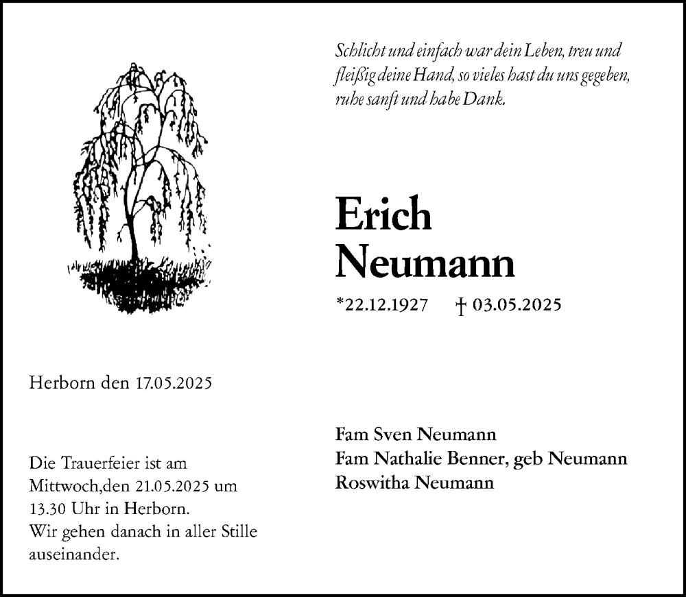 Traueranzeige für Erich Neumann vom 17.05.2025 aus Dill Block
