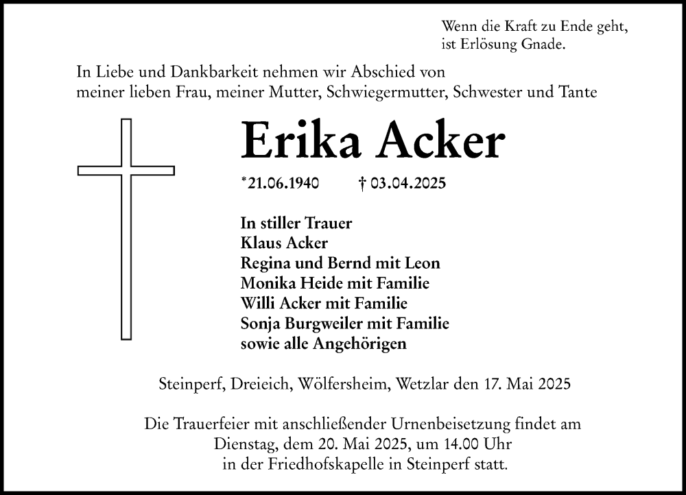  Traueranzeige für Erika Acker vom 17.05.2025 aus Hinterländer Anzeiger