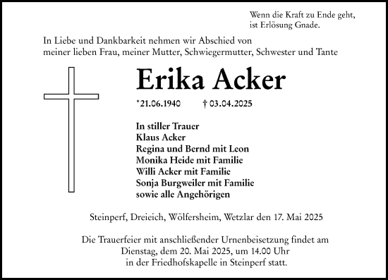Traueranzeige von Erika Acker von Hinterländer Anzeiger