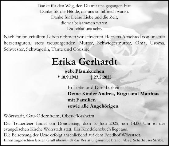 Traueranzeige von Erika Gerhardt von Allgemeine Zeitung Alzey