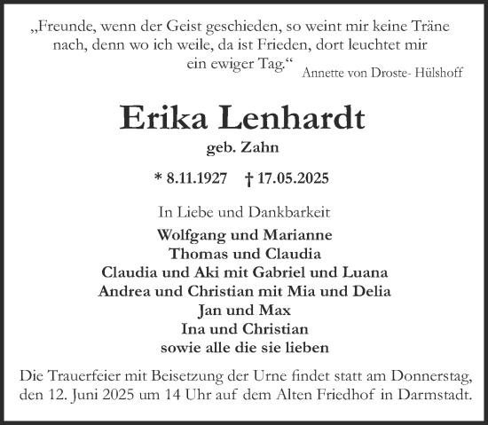 Traueranzeige von Erika Lenhardt von Darmstädter Echo
