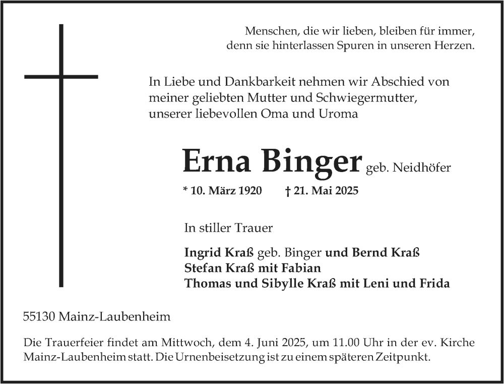  Traueranzeige für Erna Binger vom 31.05.2025 aus Allgemeine Zeitung Mainz