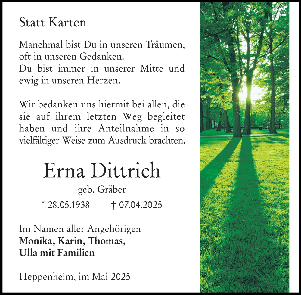  Traueranzeige für Erna Dittrich vom 10.05.2025 aus Starkenburger Echo