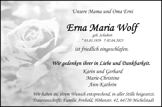 Traueranzeige von Erna Maria Wolf von Odenwälder Echo