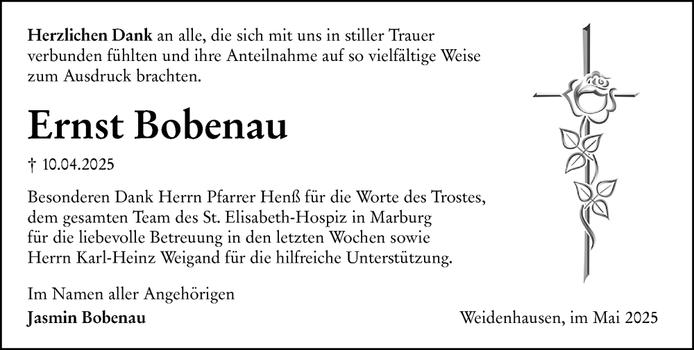  Traueranzeige für Ernst Bobenau vom 10.05.2025 aus Hinterländer Anzeiger