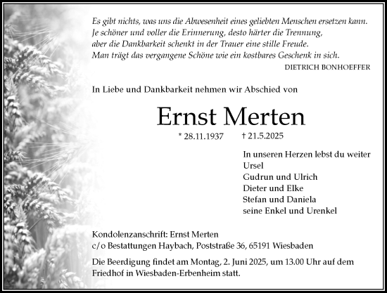 Traueranzeige von Ernst Merten von Wiesbadener Kurier