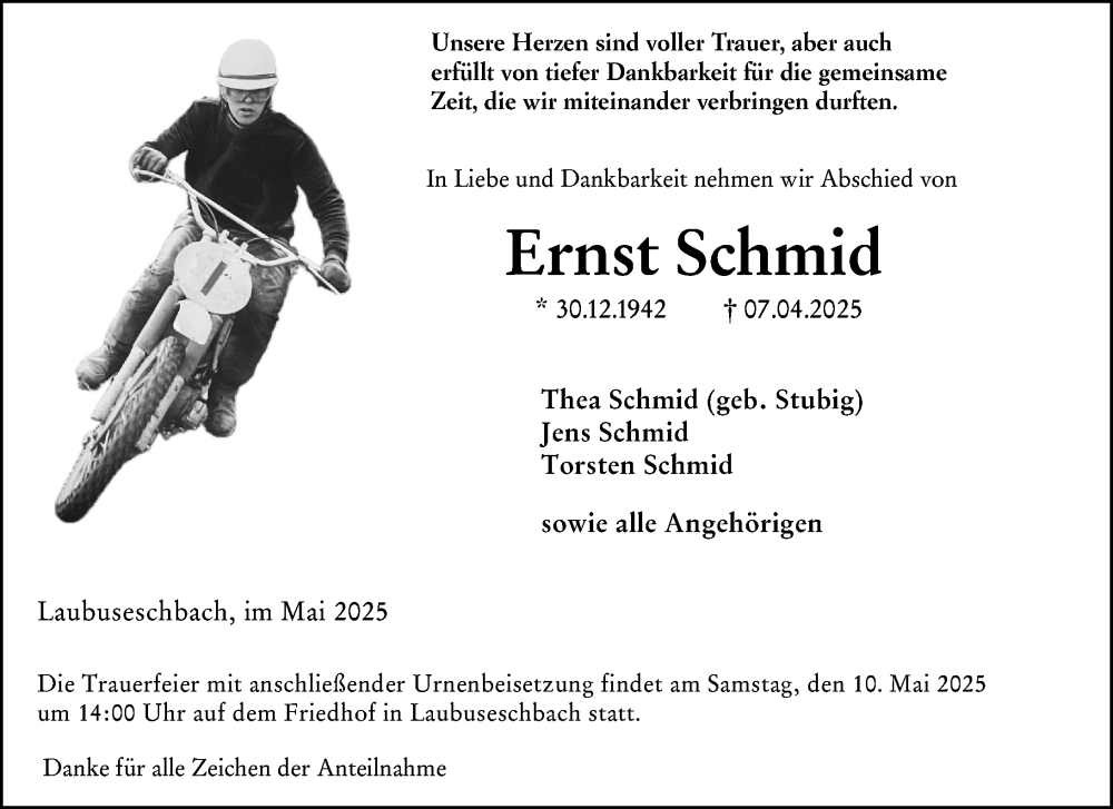  Traueranzeige für Ernst Schmid vom 06.05.2025 aus Weilburger Tageblatt