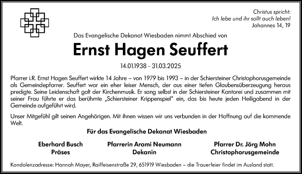  Traueranzeige für Ernst Hagen Seuffert vom 07.05.2025 aus Wiesbadener Kurier