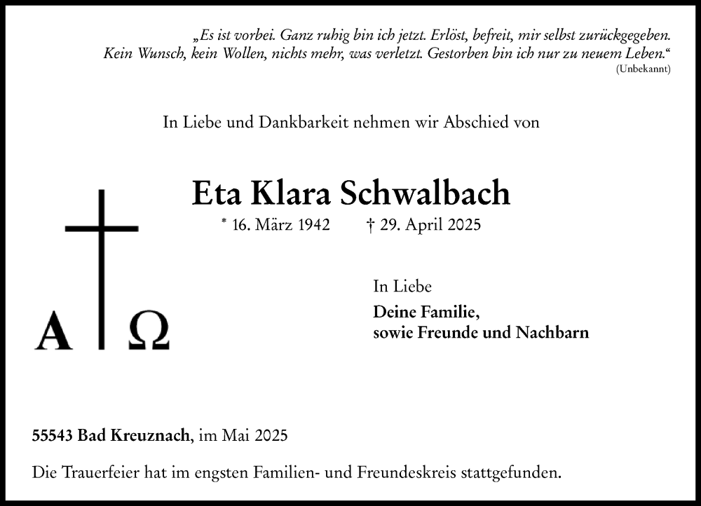  Traueranzeige für Eta Klara Schwalbach vom 17.05.2025 aus Allgemeine Zeitung Rheinhessen-Nahe