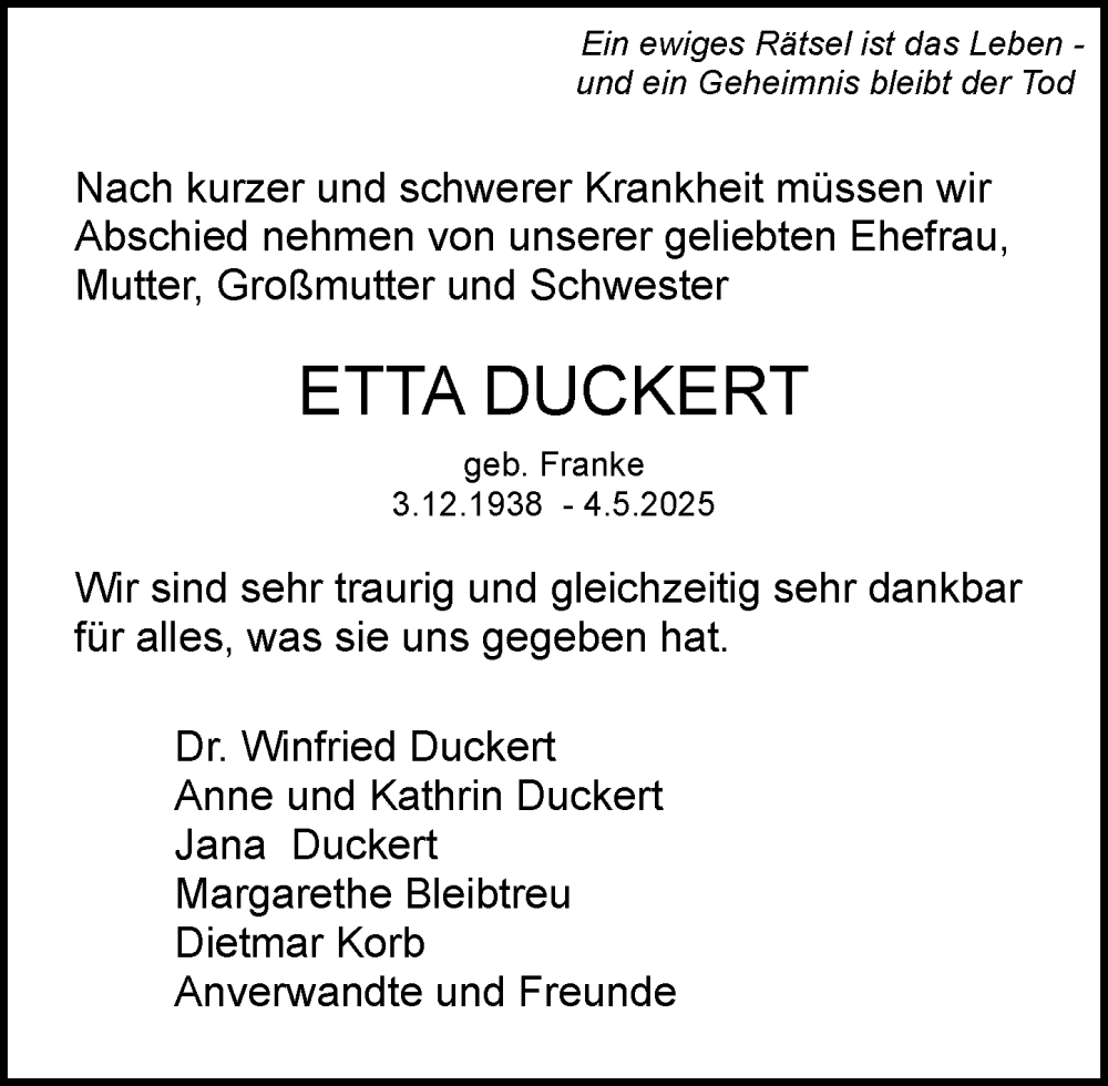  Traueranzeige für Etta Duckert vom 31.05.2025 aus Wiesbadener Kurier