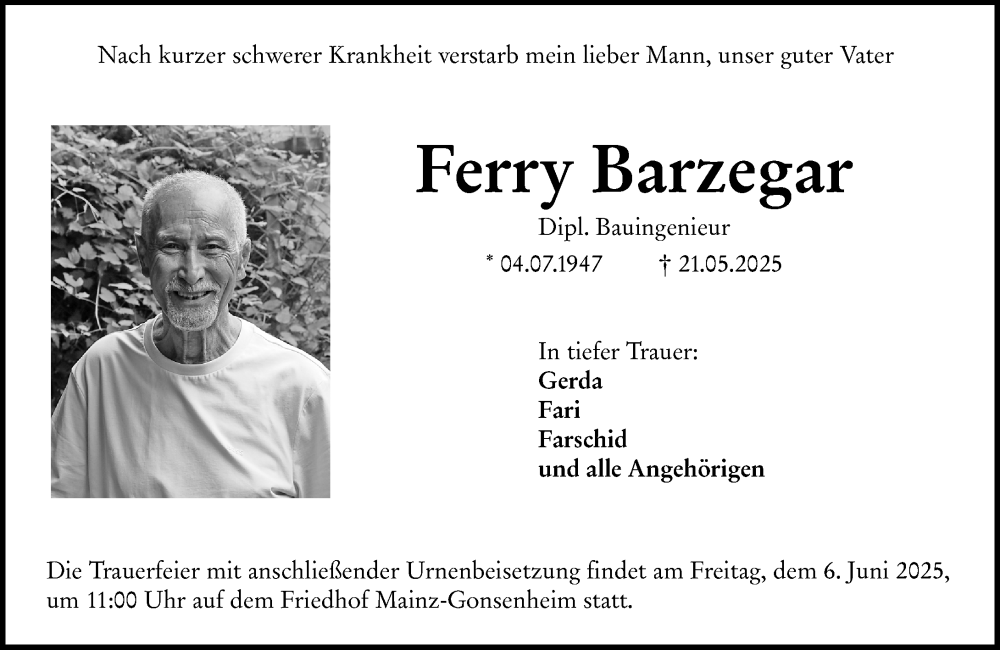  Traueranzeige für Ferry Barzegar vom 31.05.2025 aus Allgemeine Zeitung Mainz
