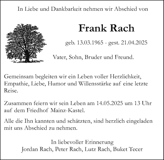 Traueranzeige von Frank Rach von Allgemeine Zeitung Mainz