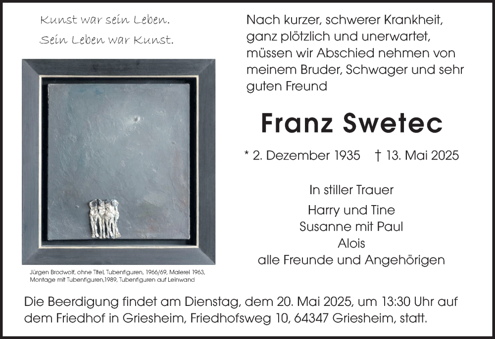  Traueranzeige für Franz Swetec vom 17.05.2025 aus Darmstädter Echo