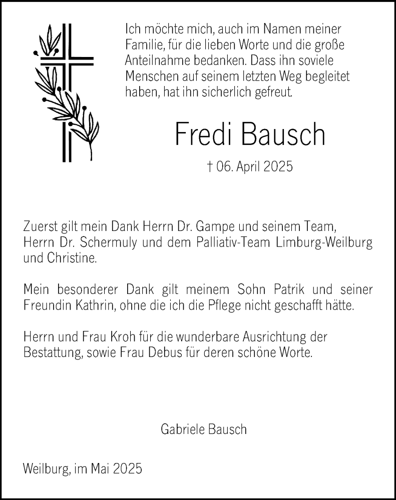  Traueranzeige für Fredi Bausch vom 03.05.2025 aus Weilburger Tageblatt