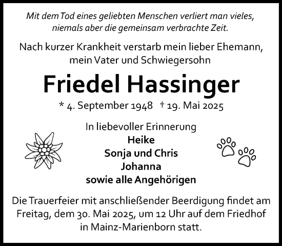 Traueranzeige von Friedel Hassinger von Allgemeine Zeitung Mainz