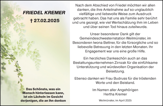 Traueranzeige von Friedel Kremer von Weilburger Tageblatt