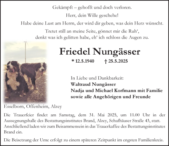 Traueranzeige von Friedel Nungässer von Allgemeine Zeitung Alzey