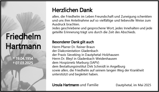 Traueranzeige von Friedhelm Hartmann von Hinterländer Anzeiger