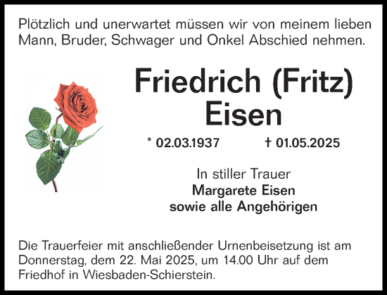 Traueranzeige von Friedrich Eisen von Wiesbadener Kurier