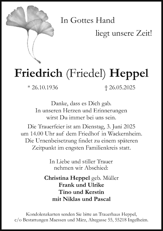 Traueranzeige von Friedrich Heppel von Allgemeine Zeitung Rheinhessen-Nahe