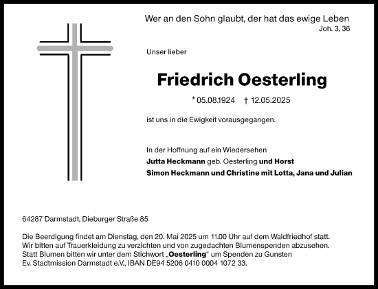 Traueranzeige von Friedrich Oesterling von Darmstädter Echo