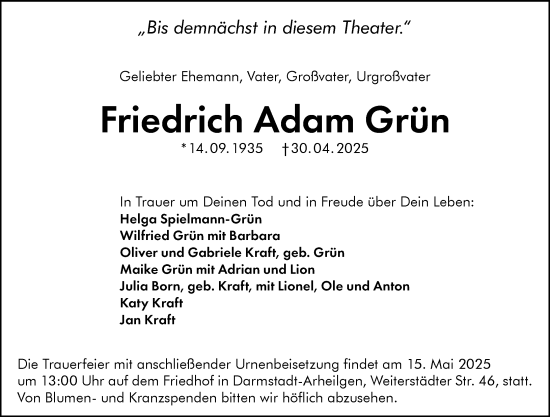Traueranzeige von Friedrich Adam Grün von Darmstädter Echo