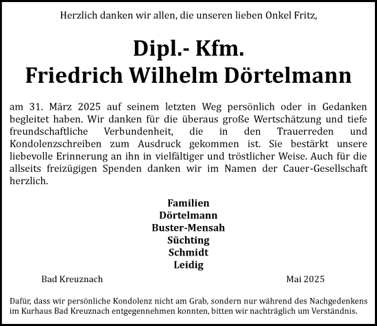Traueranzeige von Friedrich Wilhelm Dörtelmann von Allgemeine Zeitung Rheinhessen-Nahe