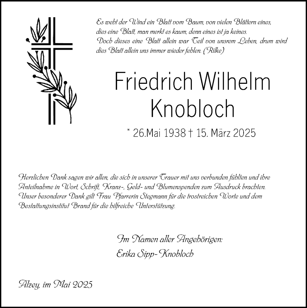  Traueranzeige für Friedrich Wilhelm Knobloch vom 10.05.2025 aus Allgemeine Zeitung Alzey
