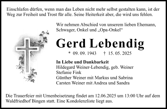 Traueranzeige von Gerd Lebendig von Allgemeine Zeitung Rheinhessen-Nahe