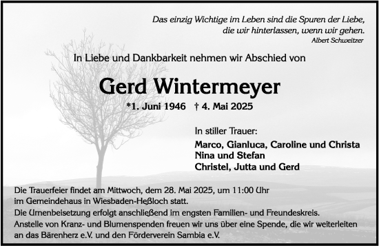 Traueranzeige von Gerd Wintermeyer von Wiesbadener Kurier