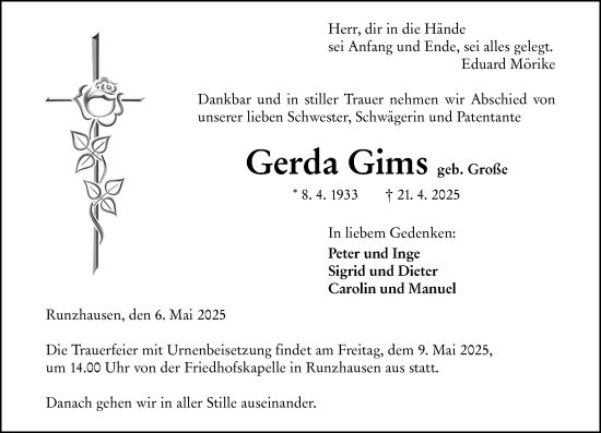 Traueranzeige von Gerda Gims von Hinterländer Anzeiger