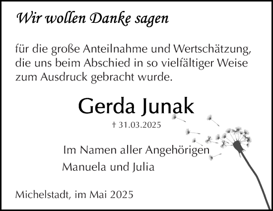 Traueranzeige von Gerda Junak von Odenwälder Echo