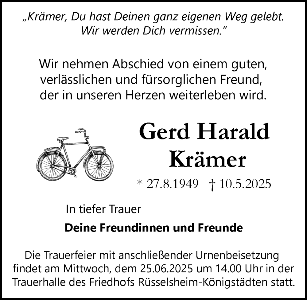  Traueranzeige für Gerd Harald Krämer vom 31.05.2025 aus Rüsselsheimer Echo