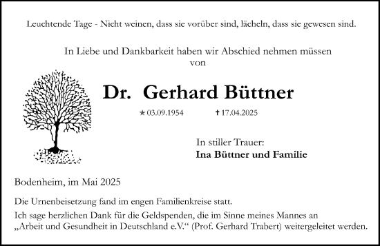 Traueranzeige von Gerhard Büttner von Allgemeine Zeitung Mainz