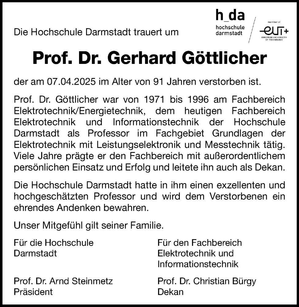  Traueranzeige für Gerhard Göttlicher vom 03.05.2025 aus Darmstädter Echo