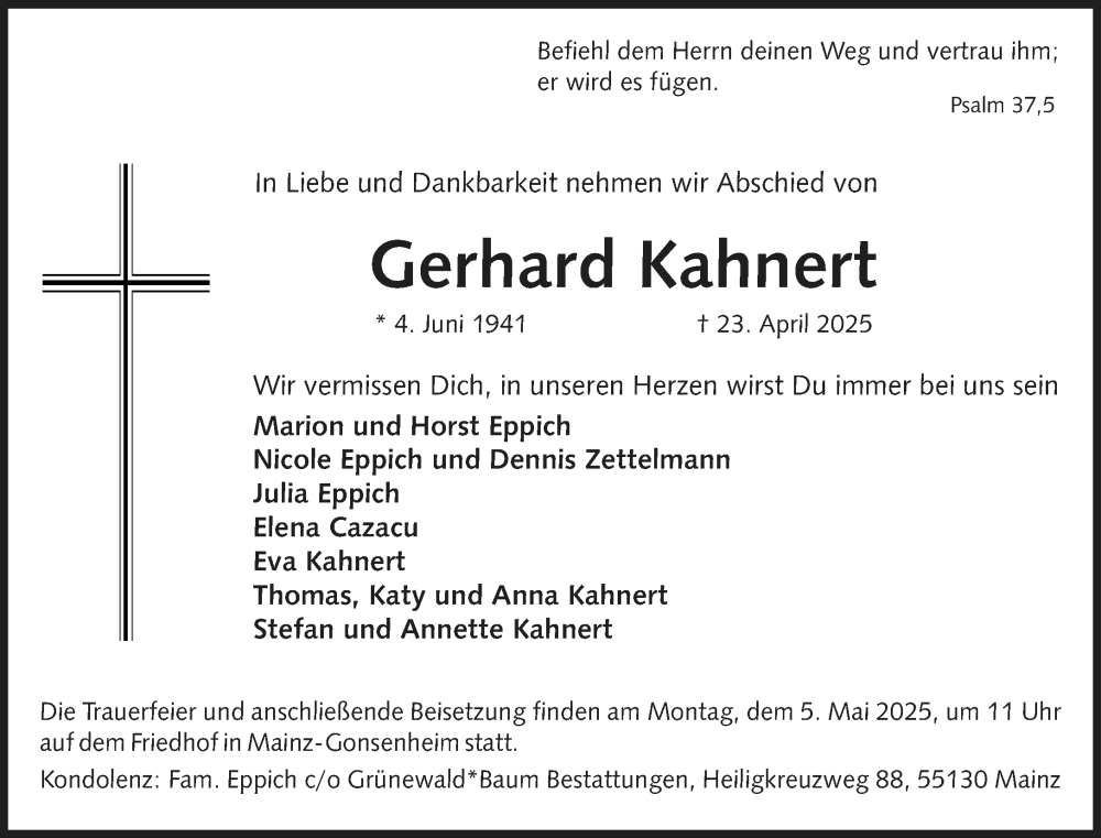  Traueranzeige für Gerhard Kahnert vom 03.05.2025 aus Allgemeine Zeitung Mainz