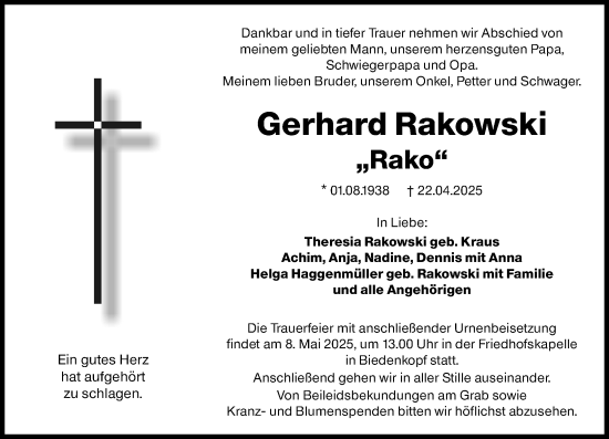 Traueranzeige von Gerhard Rakowski von Hinterländer Anzeiger