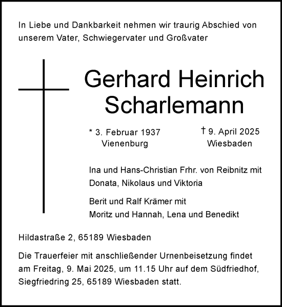 Traueranzeige von Gerhard Heinrich Scharlemann von Wiesbadener Kurier